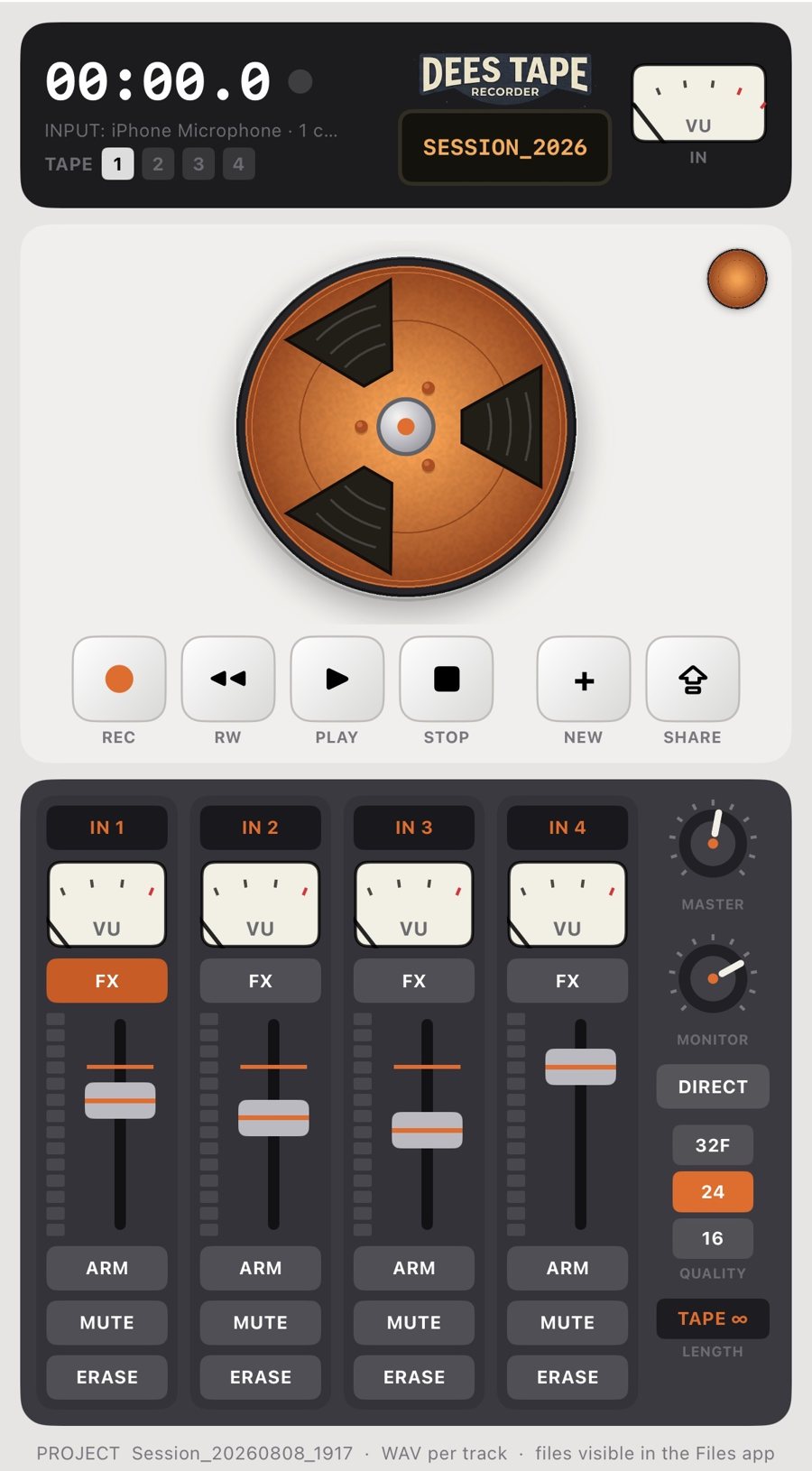 DEES TAPE running on iPhone: tape counter and VU meter up top, transport controls in the middle, four channel strips with faders and VU meters below.