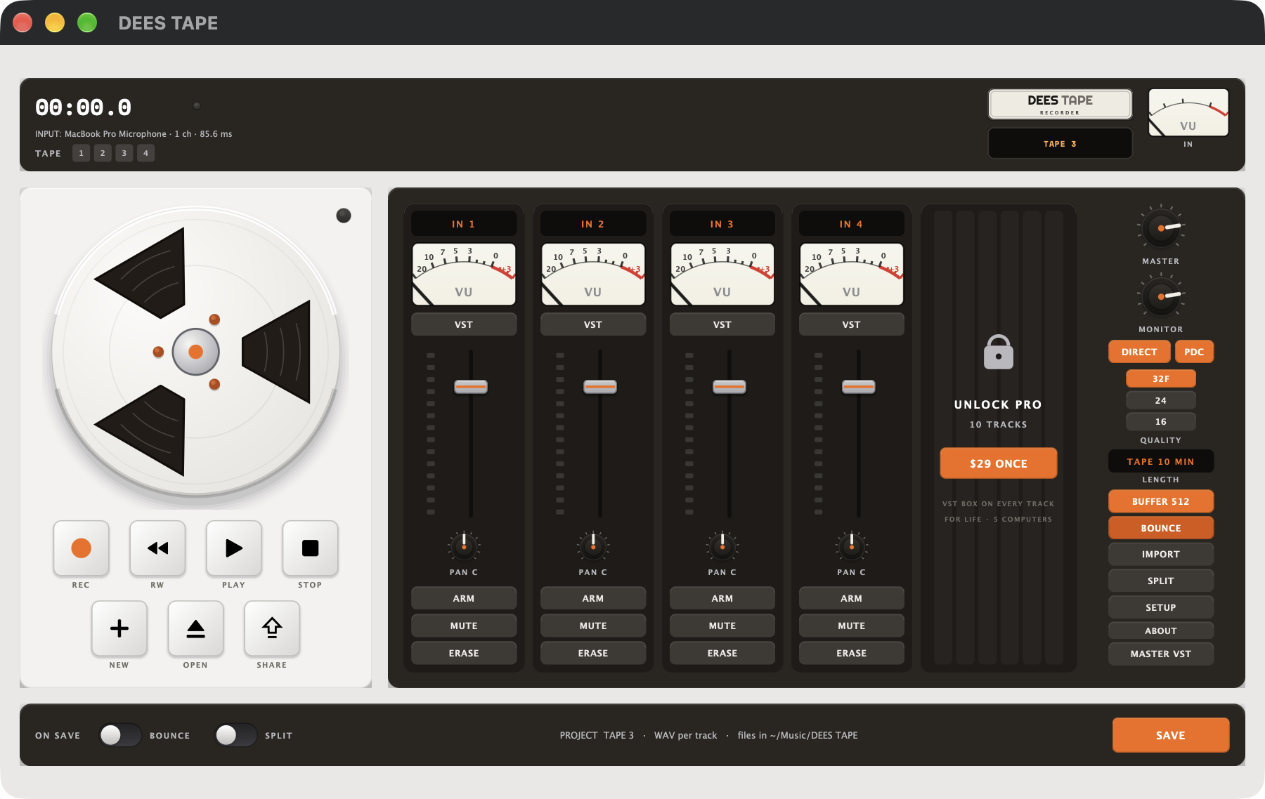 DEES TAPE desktop deck — tape counter and VU up top, reel panel with REC / RW / PLAY / STOP, channel strips with faders and meters, master column.