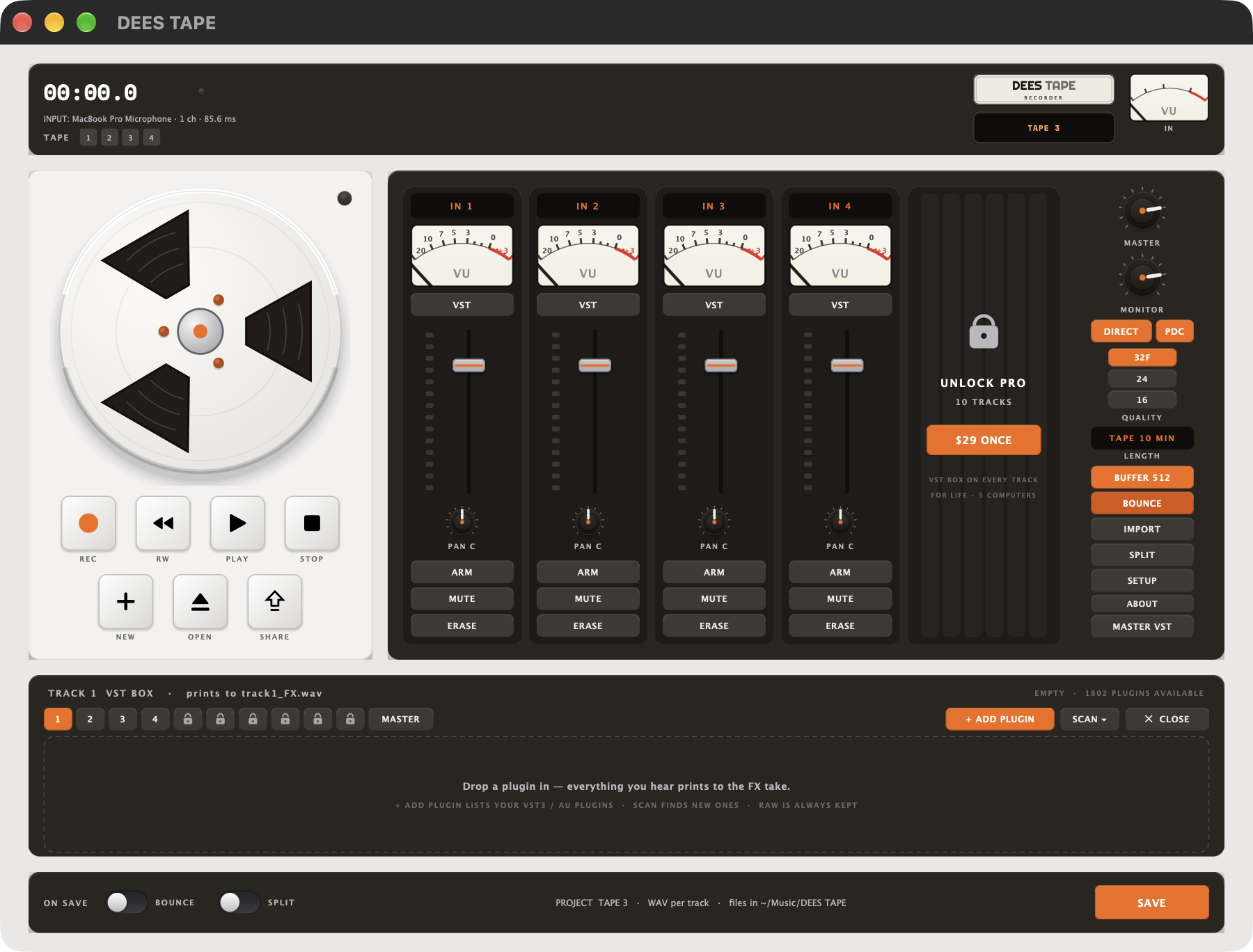The VST BOX drawer — walnut-framed plugin slots for one track, with IN / EDIT / reorder / remove controls.