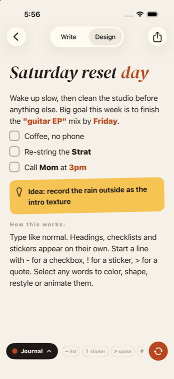 A note that designed itself in NOTÄNOTEBOOK — serif title, live checklist and a yellow sticker card