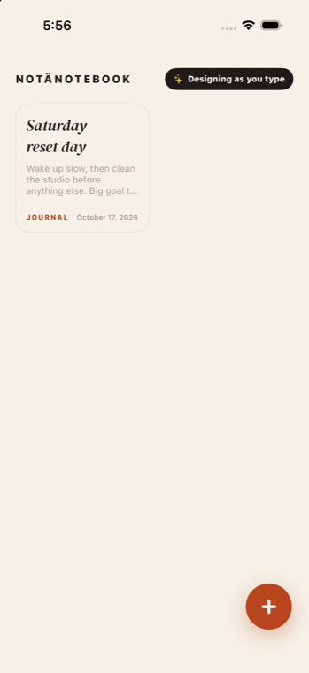 The NOTÄNOTEBOOK notes list on iPhone, cream paper with a serif note card
