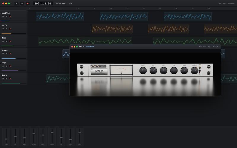 BOLD running as a plug-in in a DAW session — mic pre and EQ open over a multitrack project