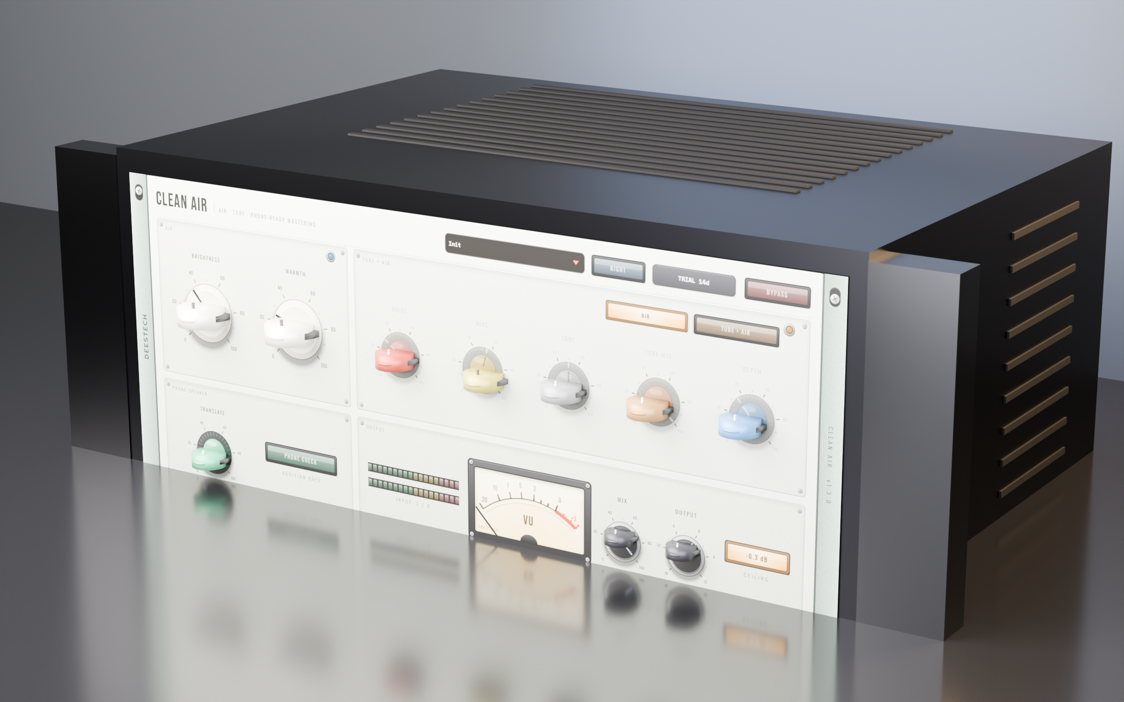 CLEAN Air — air, tube and phone-speaker mastering, shown as a studio rack unit.