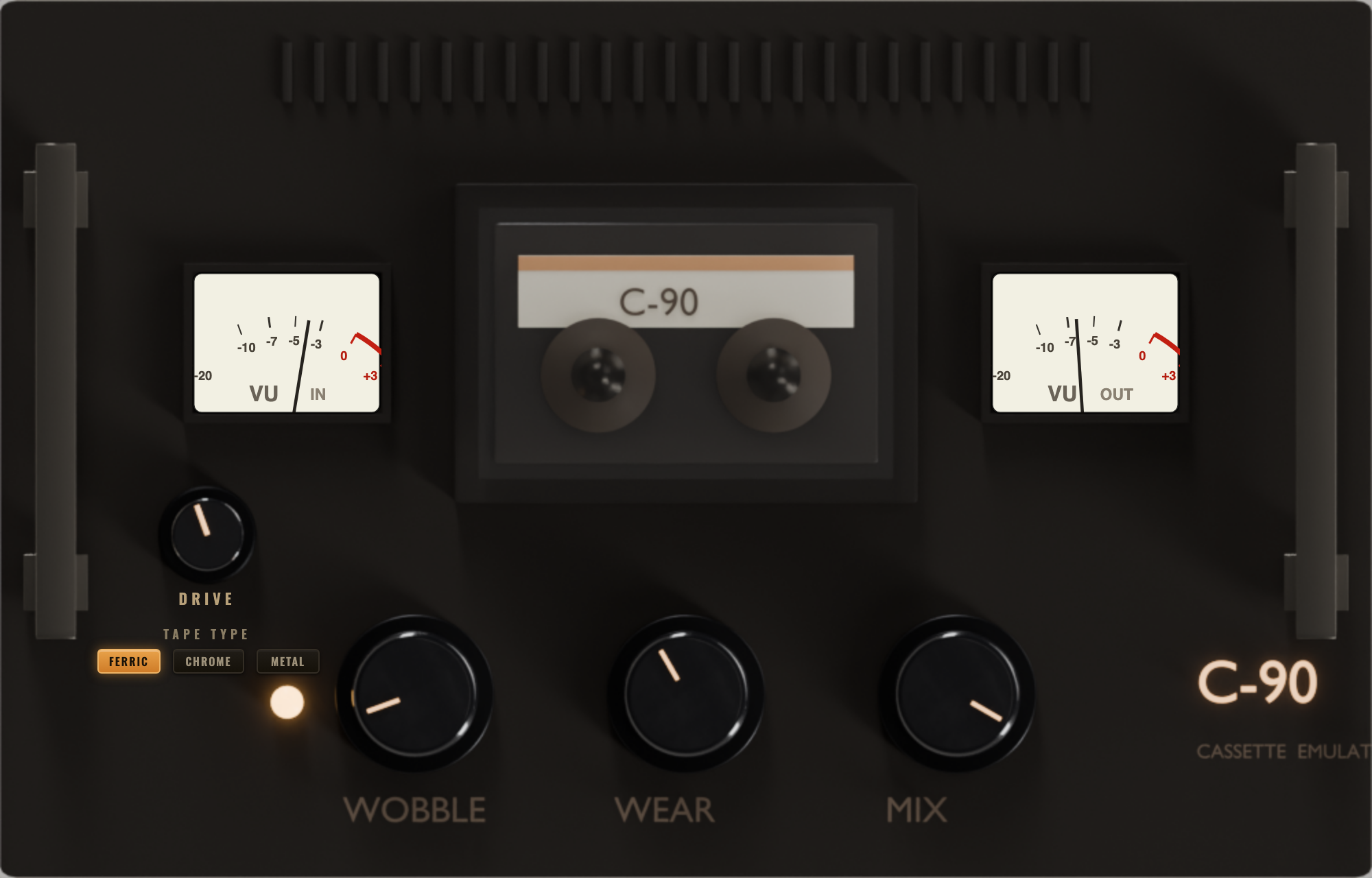 C-90 faceplate: IN and OUT VU meters, a cassette window with two reels, the amber ENGAGE lamp, and the WOBBLE, WEAR and MIX knobs.