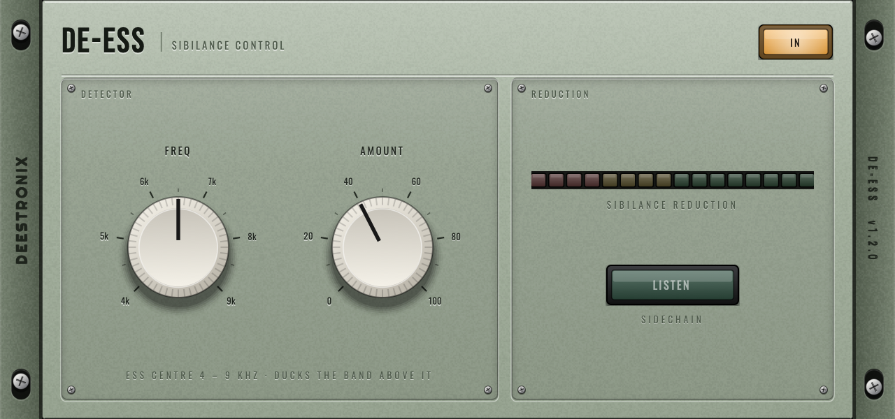 Deestronix De-Ess — sage rack faceplate with FREQ and AMOUNT knobs, a sibilance-reduction LED meter and the sidechain LISTEN button.