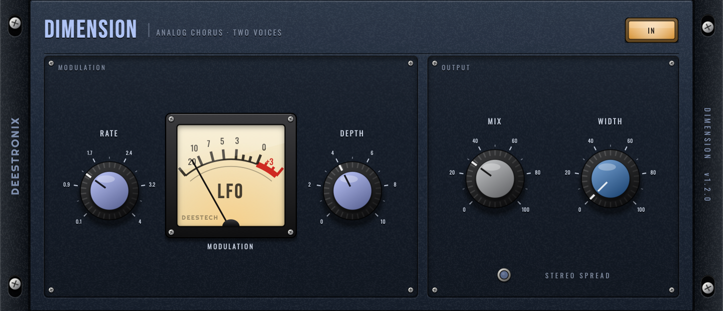 Deestronix Dimension — midnight-blue rack faceplate with RATE and DEPTH around an LFO meter, plus MIX and WIDTH knobs.