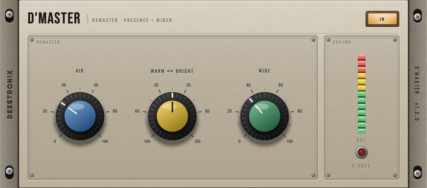 Deestronix D'Master — champagne rack faceplate with AIR, WARM ↔ BRIGHT and WIDE knobs and a ceiling LED meter.