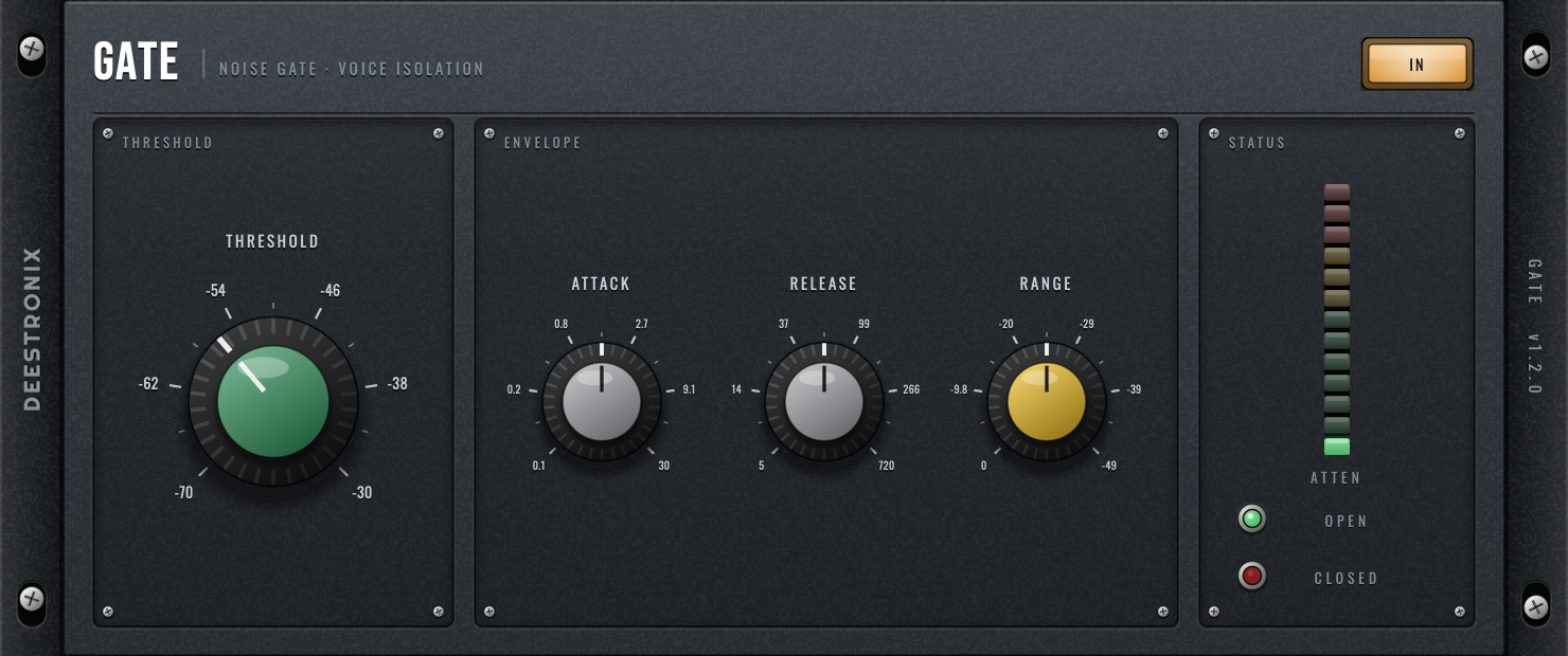 Deestronix Gate — slate rack faceplate with THRESHOLD, ATTACK, RELEASE and RANGE knobs and an attenuation LED meter with open and closed lamps.