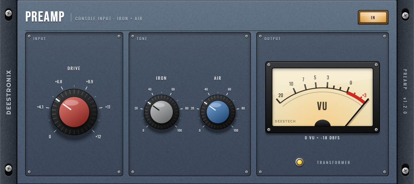 Deestronix Preamp — blue rack faceplate with the DRIVE knob, IRON and AIR tone knobs, and an output VU with a transformer lamp.