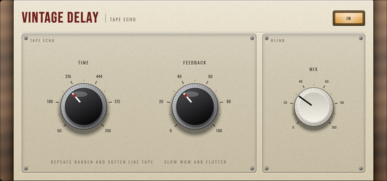 Deestronix Vintage Delay — ivory faceplate with walnut cheeks, TIME and FEEDBACK knobs on the tape-echo module and a MIX blend knob.